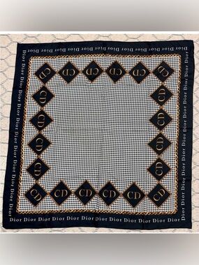 DIOR Vintage Y2K Silk Black White Houndstooth CD Logo Gold Chain Print Scarf